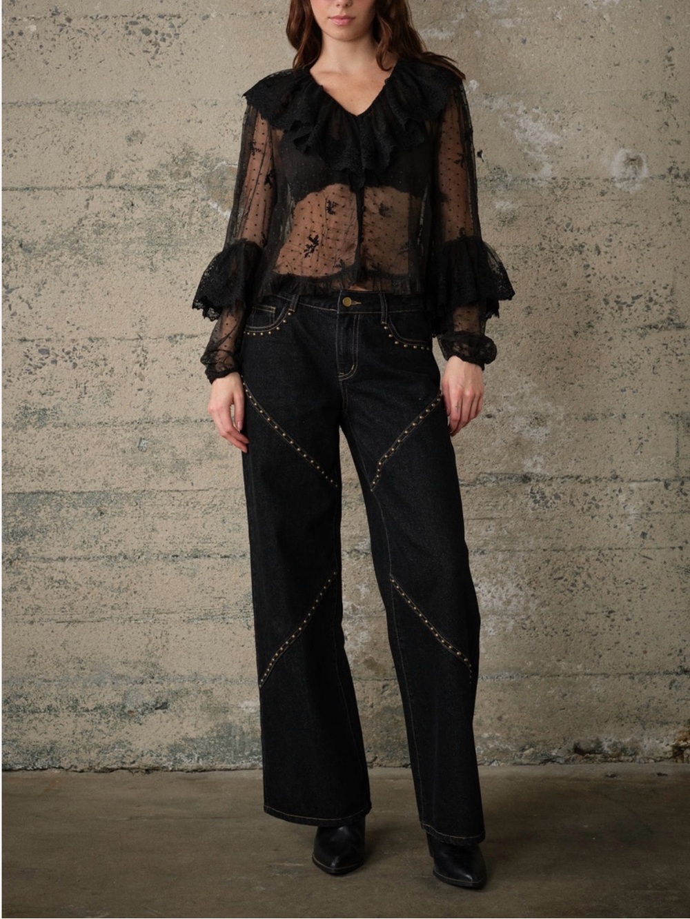 Western Black Women's Wide-Leg Jeans - Stud-Detail Design